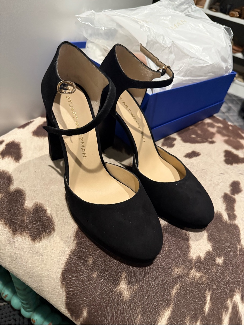Stuart Weitzman Babette Black Suede Mary Jane Block Heels